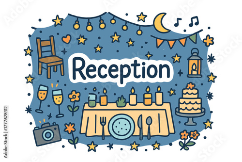 Starry Wedding Reception. Reception under the stars. Hand-drawn doodle illustration of a wedding reception