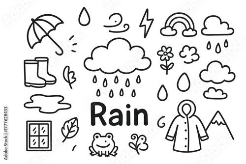 Rainy Day Doodles. Rain. Hand-drawn doodle illustration of Rain. In the middle, one slightly larger central