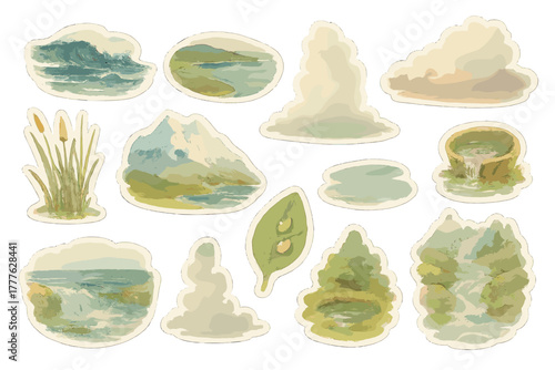 Watercolor Clouds Formation. How clouds form. Realistic hand-painted watercolor style sticker sheet of natural