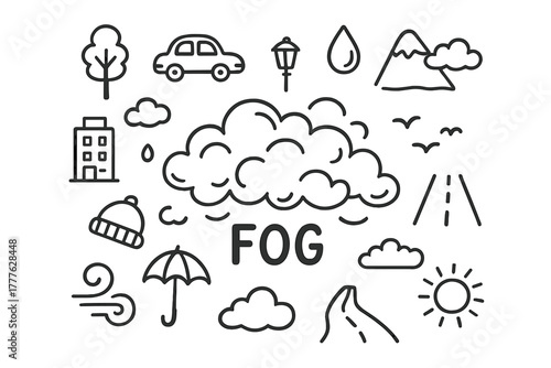 Doodle of Fog. Fog. Hand-drawn doodle illustration of Fog. In the middle, one slightly larger central doodle