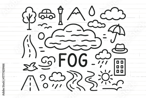 Fog Doodle Art. Fog. Hand-drawn doodle illustration of Fog. In the middle, one slightly larger central doodle