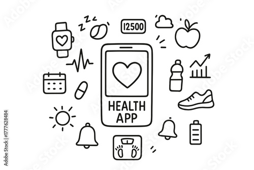 Health App Doodle. Health App. Hand-drawn doodle illustration of Health App. In the middle, one slightly