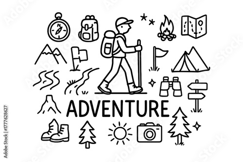 Doodle Adventure Icons. Adventure. Hand-drawn doodle illustration of Adventure. In the middle, one slightly