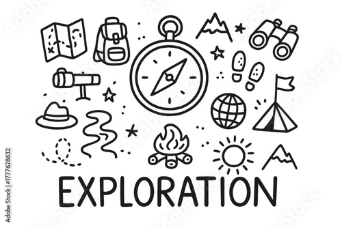 Exploration Doodle Illustration. Exploration. Hand-drawn doodle illustration of Exploration. In the middle,