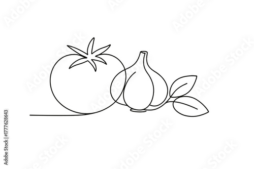 Minimalist Garden Medley. Fresh Produce. Minimalistic one-line drawing tomato, garlic, and basil grouped