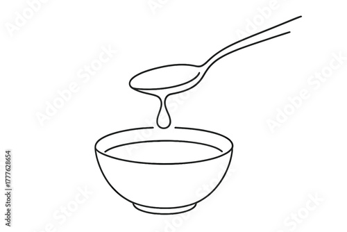 Minimalist Spoon Drawing. Flavor Focus. Minimalistic one-line drawing spoon with a drop of sauce falling back