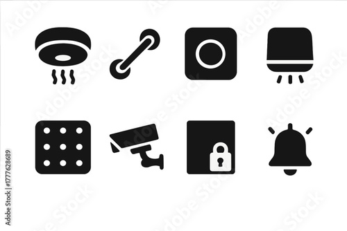 Home Safety Icons. Home Safety. Filled icon set of Home Safety: smoke detector, grab bar, emergency button,