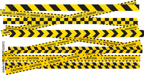 Yellow and black danger tape set with skull symbols for safety hazard zones roads and construction. under construction, caution, Warning zone, danger tapes. Caution tape set of warning ribbons on tran