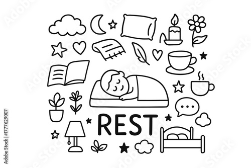 Restful Doodle Icons. Rest. Hand-drawn doodle illustration of Rest. In the middle, one slightly larger central