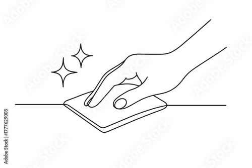 Minimalist Surface Polishing. Polishing. Minimalistic one-line drawing hand holding cloth shining wooden