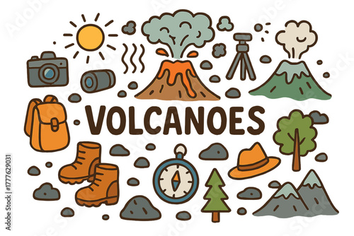 Volcanic Terrain Doodle. Volcanic terrains. Hand-drawn doodle illustration of volcanic terrains. Volcano, lava