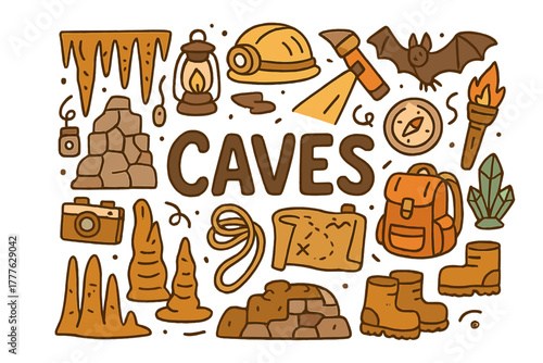 Cave Exploration Doodle. Cave formations. Hand-drawn doodle illustration of cave formations. Stalactites,