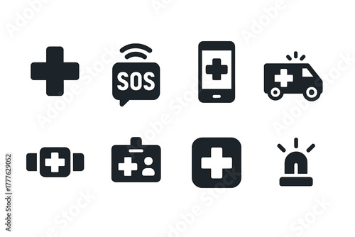 Emergency Alert Icons. Emergency Medical Alert. Filled icon set of Emergency Medical Alert: red cross symbol,