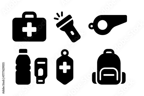 Emergency Kit Icons. Emergency Preparedness. Filled icon set of Emergency Preparedness: first aid kit,