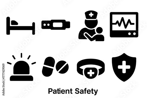 Patient Safety Icons. Patient Safety. Filled icon set of Patient Safety: hospital bed, wrist tag, nurse help,