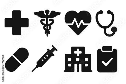 Healthcare Icon Set. Healthcare Symbols. Filled icon set of Healthcare Symbols: medical cross, caduceus, heart