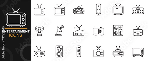 Minimal outline icon set of TV, radio, and speaker equipment for media design