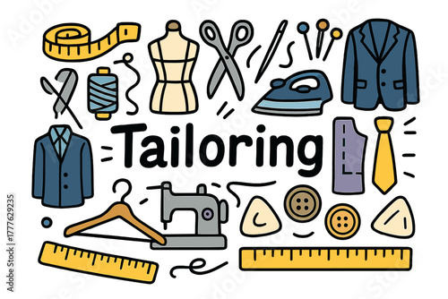 Tailoring Tools Collage. Tailoring and fit. Hand-drawn doodle illustration of tailoring and fit. Measuring
