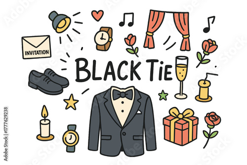 Black Tie Celebration. Black-tie occasion. Hand-drawn doodle illustration of a black-tie occasion. Tuxedo, bow