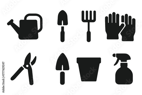 Gardening Tools Icons. Gardening Tools. Filled icon set of Gardening Tools: watering can, shovel, rake, gloves
