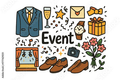 Formal Event Celebration. Formal event. Hand-drawn doodle illustration of a formal event. Suit, tie, champagne
