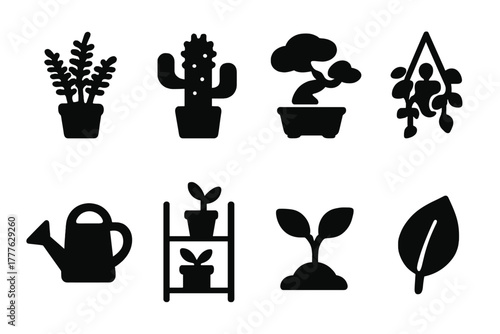 Houseplant Icon Set. Houseplants. Filled icon set of Houseplants: potted fern, cactus, bonsai tree, hanging