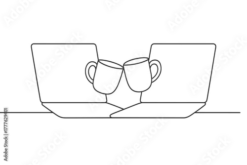 Virtual Coffee Cheers. Shared Moments. Minimalistic one-line drawing two coffee mugs clinking through video