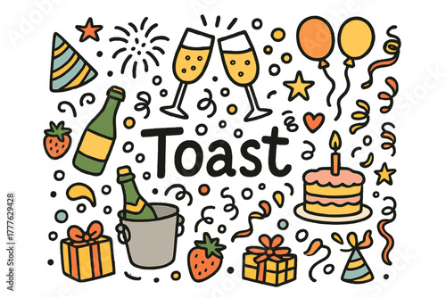 Celebratory Toast Doodle. Celebration toast. Hand-drawn doodle illustration of a celebration toast. Clinking