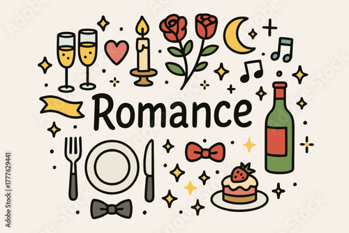 Romantic Dinner Doodle. Romantic dinner. Hand-drawn doodle illustration of a romantic dinner. Champagne flutes