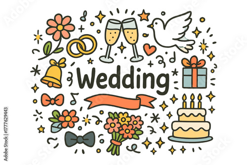 Wedding Celebration Doodles. Wedding toast. Hand-drawn doodle illustration of a wedding toast. Champagne