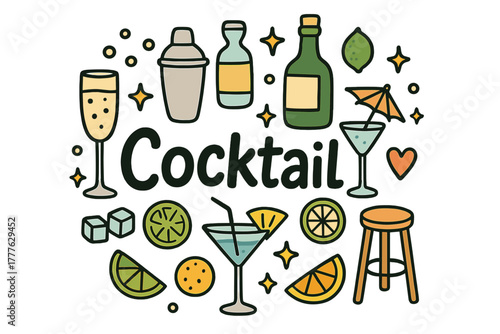 Playful Cocktail Doodles. Cocktail hour. Hand-drawn doodle illustration of cocktail hour. Champagne flute,