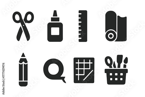 Craft Supplies Icons. Craft Supplies. Filled icon set of Craft Supplies: scissors, glue, ruler, paper roll,
