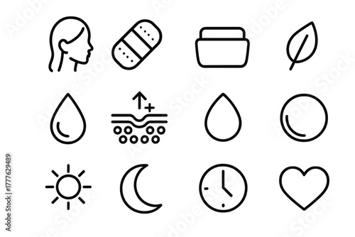 Skin Recovery Icons. Skin recovery. Line outline icon set of skin recovery: face profile, bandage, cream jar,