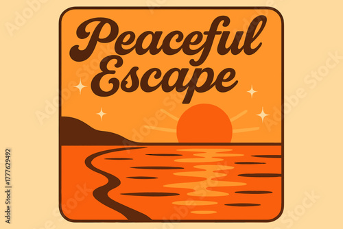 Retro Beach Serenity. “Peaceful Escape”. 70s poster vibe, warm gradient fills, thick outlines, offset shadows,