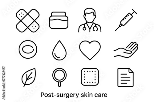 Post-Surgery Care Icons. Post-surgery skin care. Line outline icon set of post-surgery skin care: bandage,