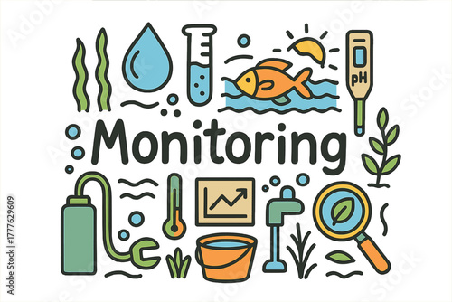 Water Monitoring Doodle. Water quality monitoring. Hand-drawn doodle illustration of water quality monitoring.