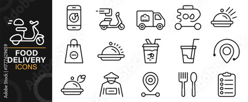 Vector collection of food courier, meal delivery, and takeaway packaging icons
