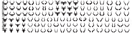 large set of horns of various animals. Prints on the mask. Images for different purposes. Vector Black silhouettes. with white background