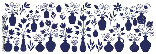 vector set of floral vase silhouettes with minimalist flower arrangements, leaves, and blossoms in modern black and white style. Perfect for decor, patterns, greeting cards, and botanical designs