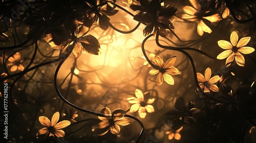 A dense cluster of exotic wildflower silhouettes intertwined with spiraling vines