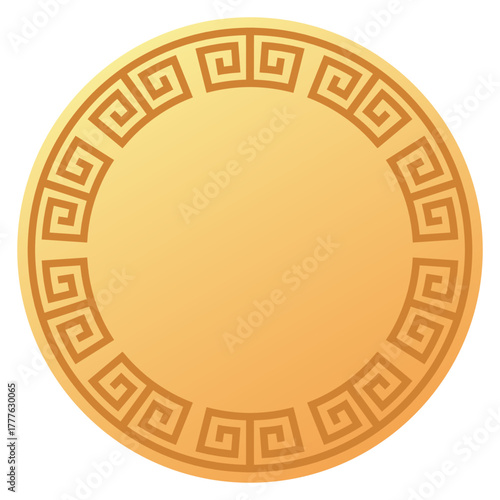 Golden circular frame featuring a classic greek key pattern, perfect for design and decoration.