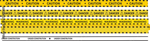 Yellow and black danger tape set with skull symbols for safety hazard zones roads and construction. under construction, caution, Warning zone, danger tapes. Caution tape set of warning ribbons on tran