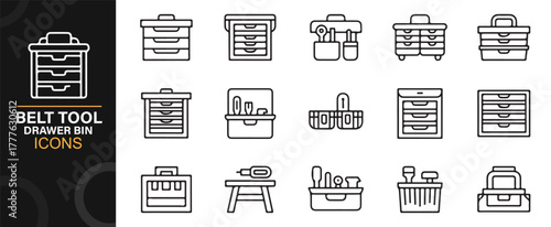 Minimal line art icons of mechanic drawers, tool bins, and workbench cabinets