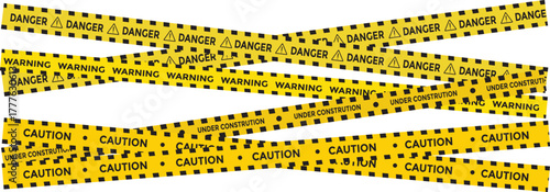 Yellow and black danger tape set with skull symbols for safety hazard zones roads and construction. under construction, caution, Warning zone, danger tapes. Caution tape set of warning ribbons on tran