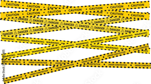 Yellow and black danger tape set with skull symbols for safety hazard zones roads and construction. under construction, caution, Warning zone, danger tapes. Caution tape set of warning ribbons on tran