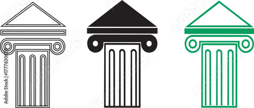 Three architectural column icons in outline, black, and green on a