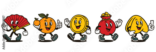 Chinese New Year vintage mascots – fan, mandarin, coin, money, fortune cookie