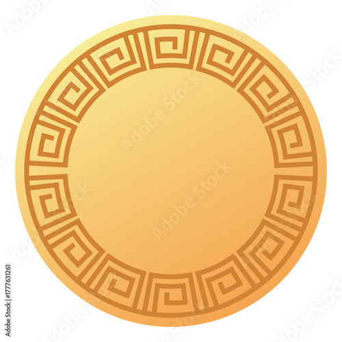 A sophisticated circular frame featuring a classic geometric pattern in gold tones, perfect for various design uses.