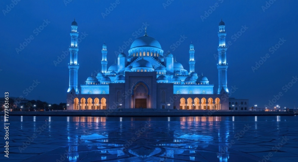 Naklejka premium Ornate blue-lit mosque with reflections on still water at night