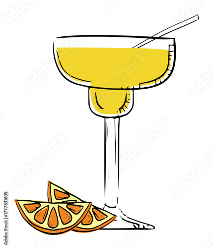 Illustrative cocktail glass with a vibrant yellow drink and orange slices, perfect for summer designs.